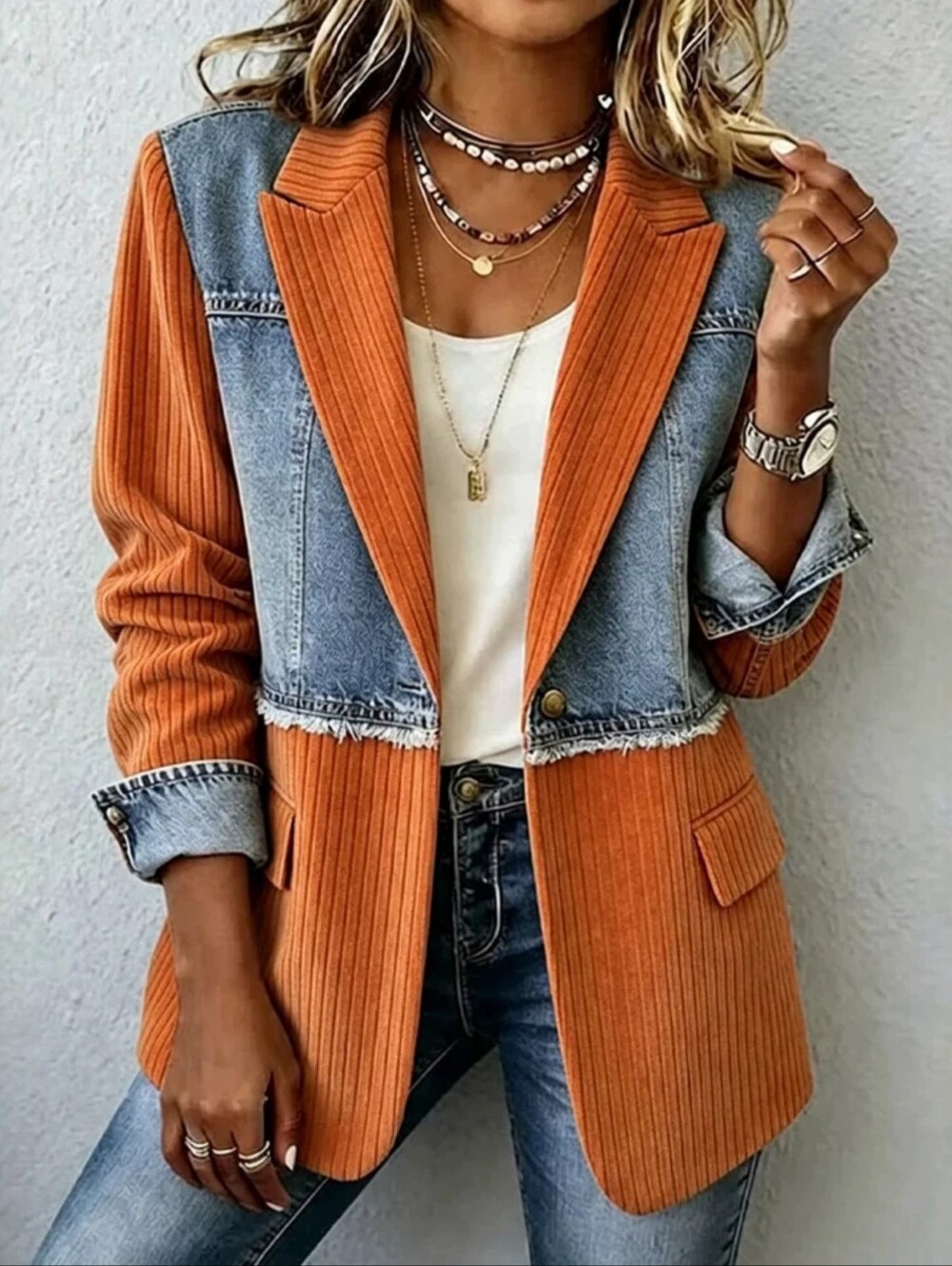 Light Blue Mixed-Media Denim Blazer Jacket - Picture 5 of 9